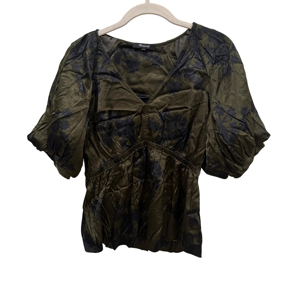 Madewell Olive Green Floral Jacquard Puff Sleeve Smocked Waist‎ Top NT244 Small